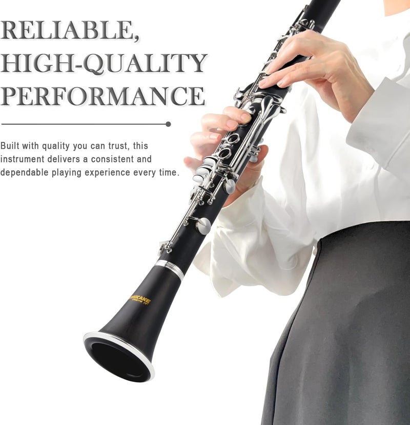 SONICAKE B Flat Clarinet for Intermediate Beginners & Student, Upgraded Ebonite Bb Clarinet Silver-plated with 2 Barrels, 4C Mouthpiece, Hard Case, Cleaning Kit, Black, QCR-11 - Image 4